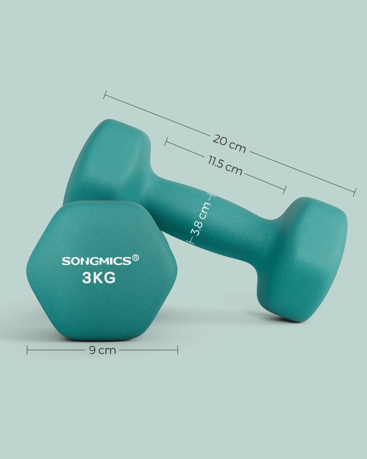 Set mit 2 sechseckigen Neopren-Hanteln, 2 x 3 kg, mit Hantelstangen, Heimtraining, t&uuml;rkis