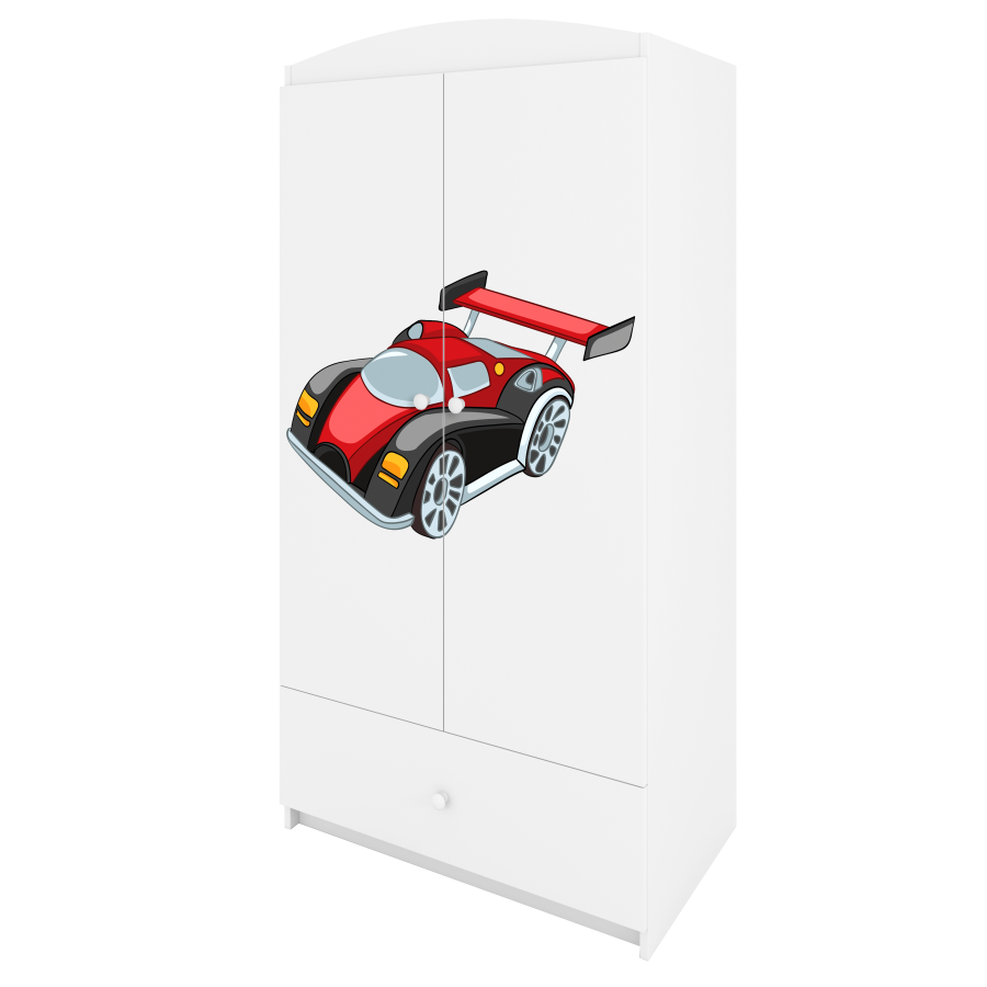 Babydreams Kinderkleiderschrank mit Rennauto, 2 Türen, 1 Schublade - Laminat weiß