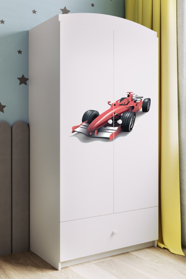 Babydreams garderobe for barn med racerbil, m. 2 drer, 1 skuff - hvit laminat