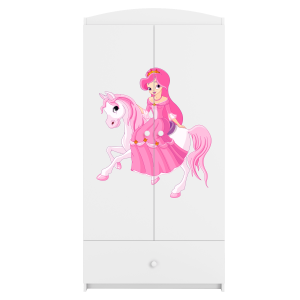 Babydreams garderobeskab til brn med prinsesse p hest, m. 2 lger, 1 skuffe - hvid laminat