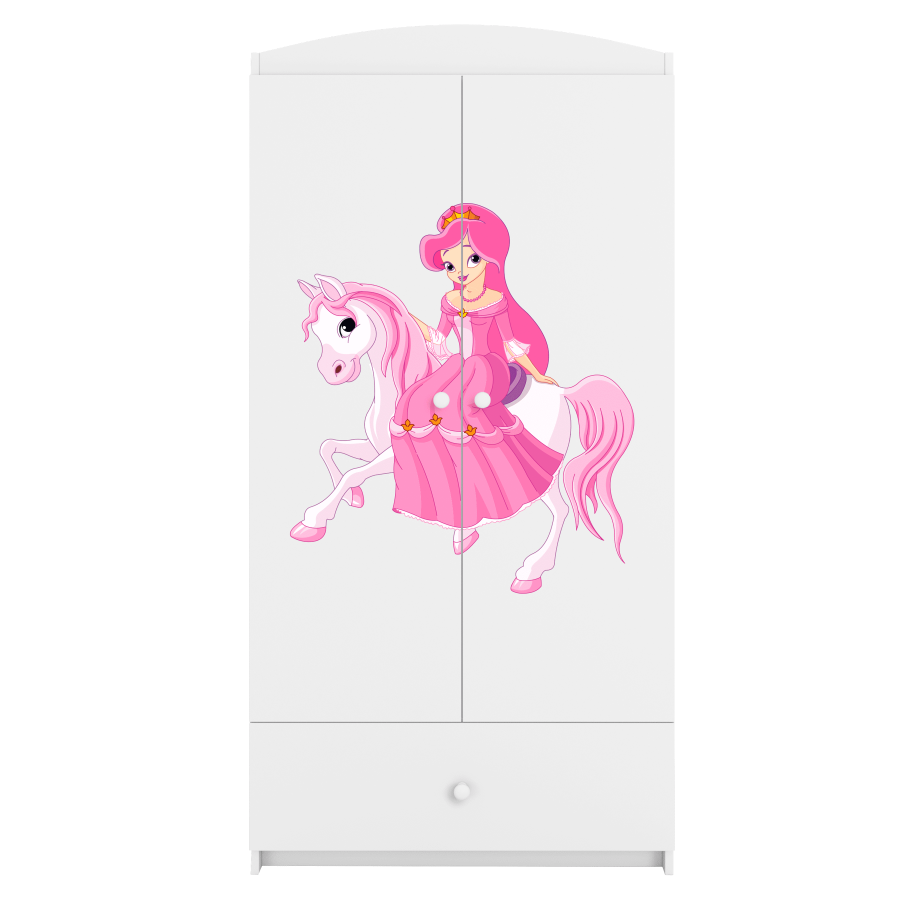 Babydreams Kleiderschrank für Kinder mit Prinzessin auf Pferd, 2 Türen, 1 Schublade - weißes Laminat