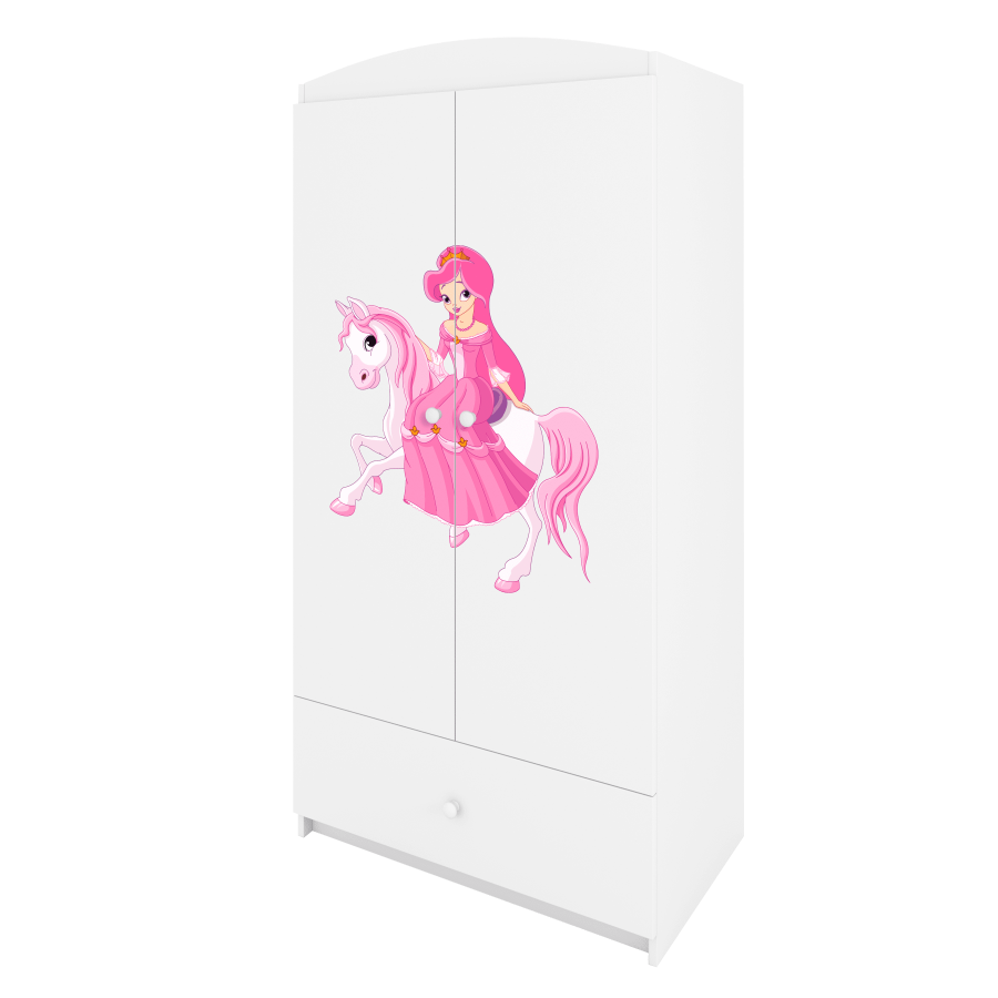 Babydreams Kleiderschrank für Kinder mit Prinzessin auf Pferd, 2 Türen, 1 Schublade - weißes Laminat