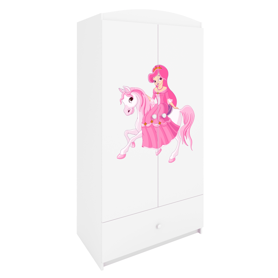 Babydreams Kleiderschrank für Kinder mit Prinzessin auf Pferd, 2 Türen, 1 Schublade - weißes Laminat