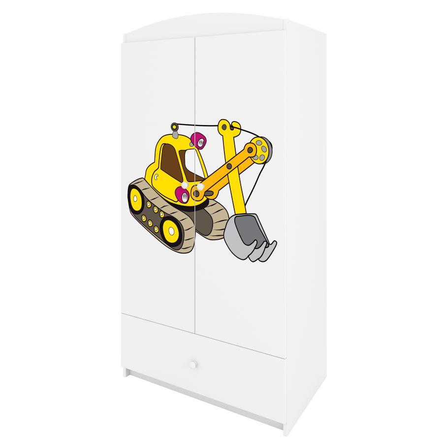 Babydreams garderobeskab til brn med gravemaskine, m. 2 lger, 1 skuffe - hvid laminat