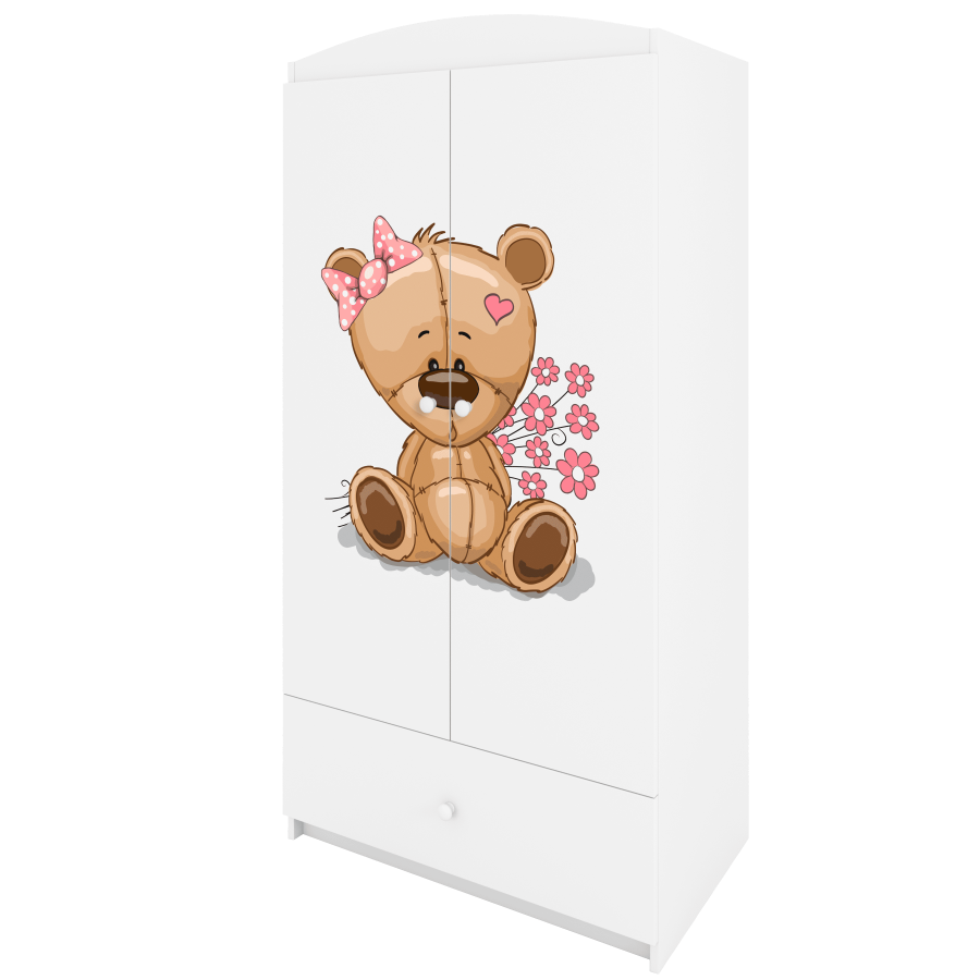 Babydreams garderobe for barn med bamse med blomster, m. 2 drer, 1 skuff - hvit laminat