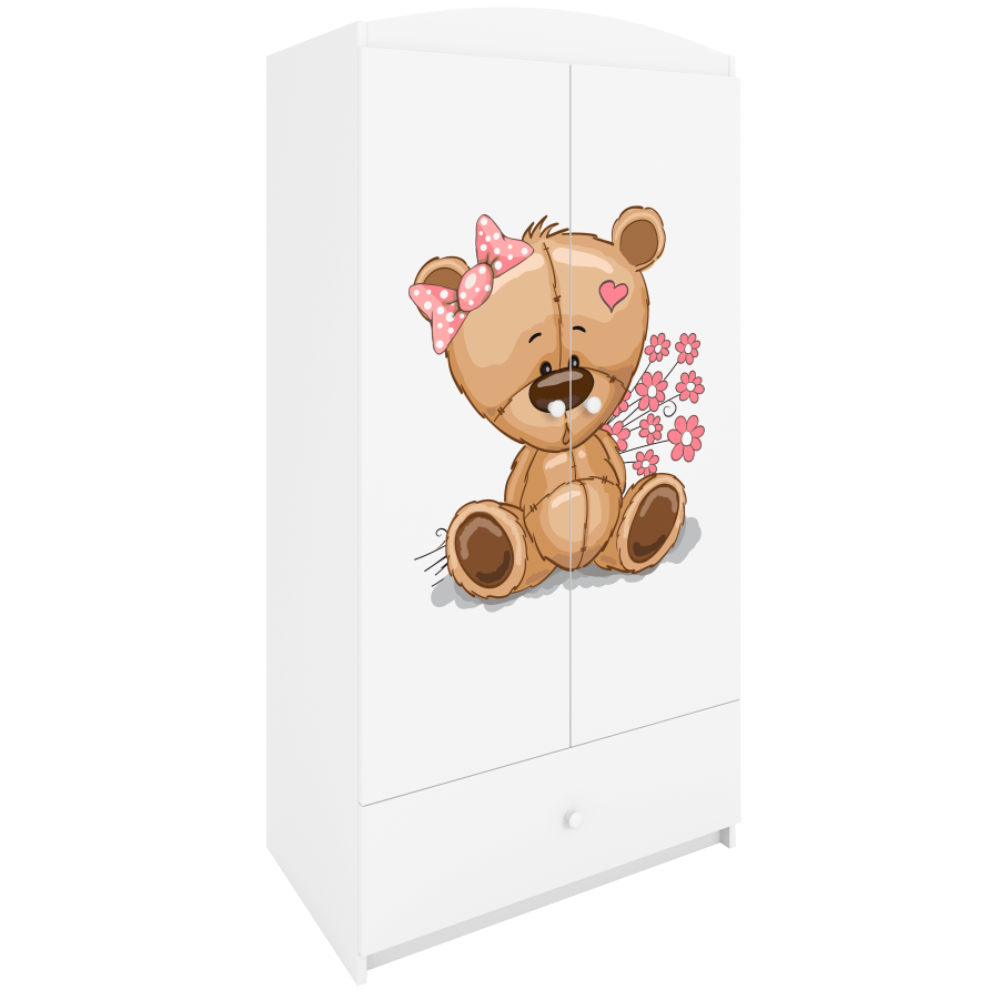 Babydreams garderobe for barn med bamse med blomster, m. 2 drer, 1 skuff - hvit laminat