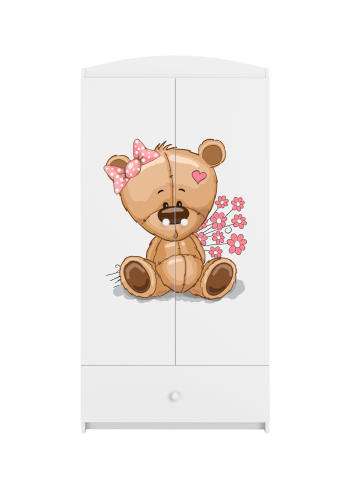 Babydreams garderobe for barn med bamse med blomster, m. 2 drer, 1 skuff - hvit laminat