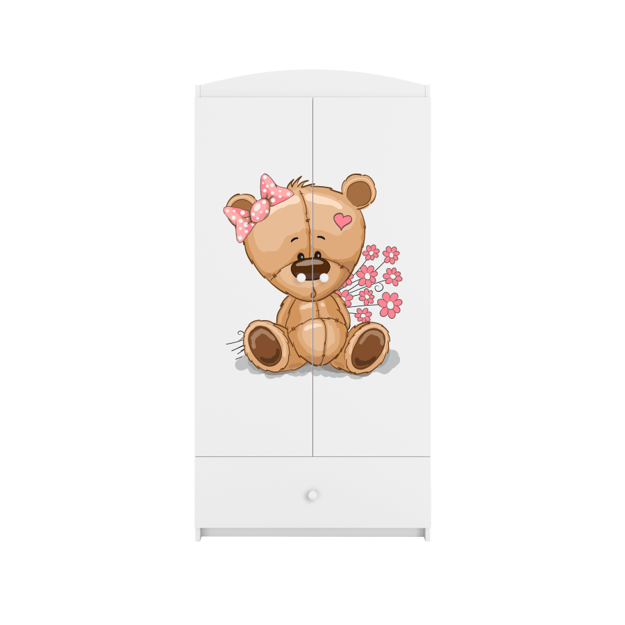 Babydreams garderobe for barn med bamse med blomster, m. 2 drer, 1 skuff - hvit laminat