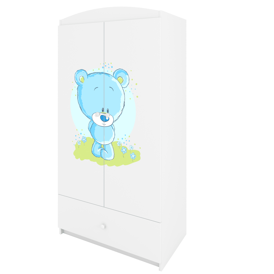 Babydreams garderobe for barn med bl bamse, m. 2 drer, 1 skuff - hvit laminat
