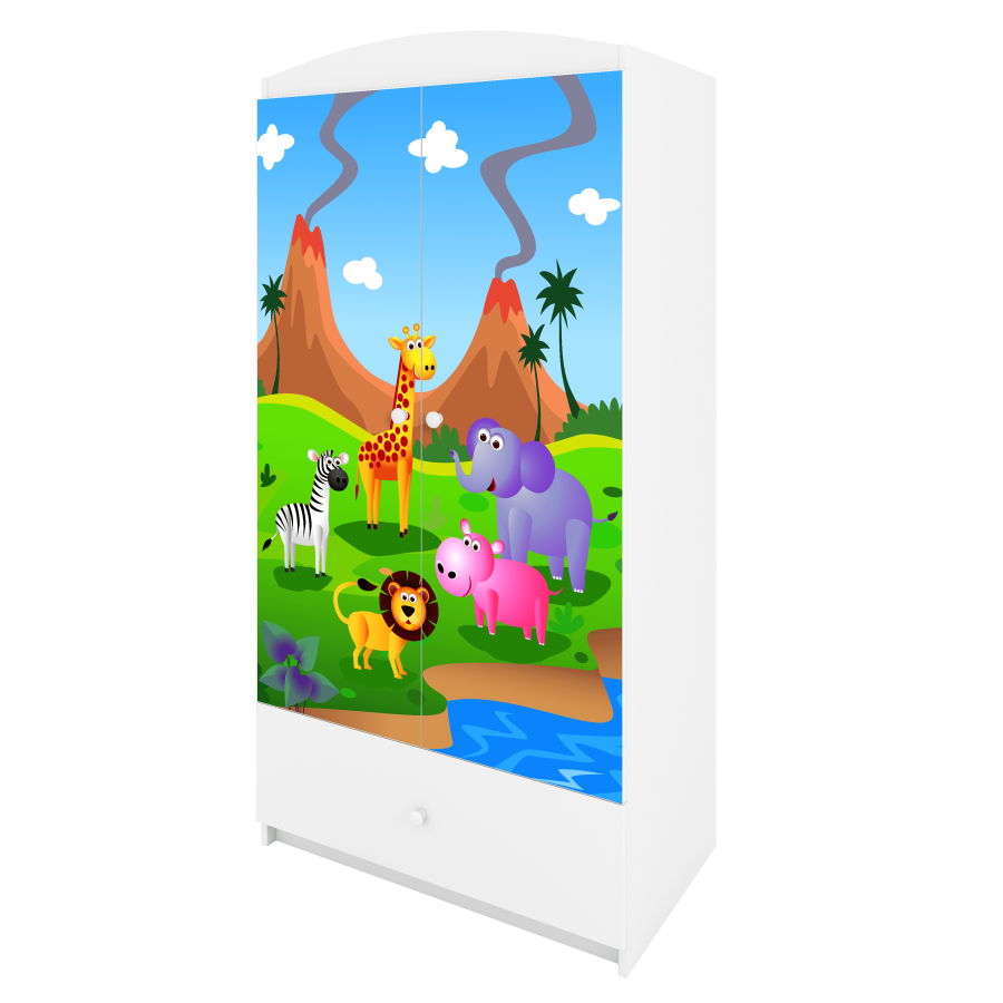 Babydreams Kleiderschrank für Kinder mit Safaritieren, m. 2 Türen, 1 Schublade - weißes Laminat