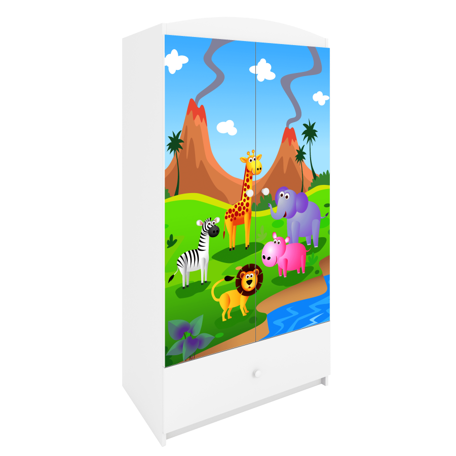 Babydreams Kleiderschrank für Kinder mit Safaritieren, m. 2 Türen, 1 Schublade - weißes Laminat