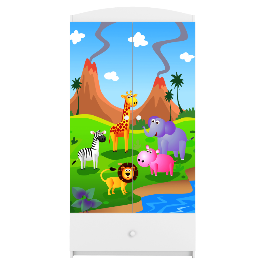 Babydreams Kleiderschrank für Kinder mit Safaritieren, m. 2 Türen, 1 Schublade - weißes Laminat