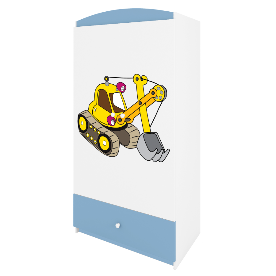 Babydreams Kleiderschrank für Kinder mit Bagger, 2 Türen, 1 Schublade - weiß und blau Laminat