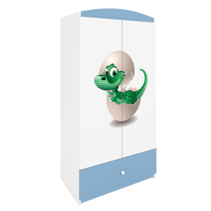 Babydreams garderobeskab til brn med lille dino, m. 2 lger, 1 skuffe - hvid og bl laminat