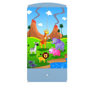 Babydreams garderobeskab til brn med safari dyr, m. 2 lger, 1 skuffe - hvid og bl laminat