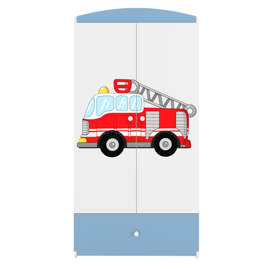 Babydreams garderobe for barn med brannbil, m. 2 drer, 1 skuff - hvit og bl laminat