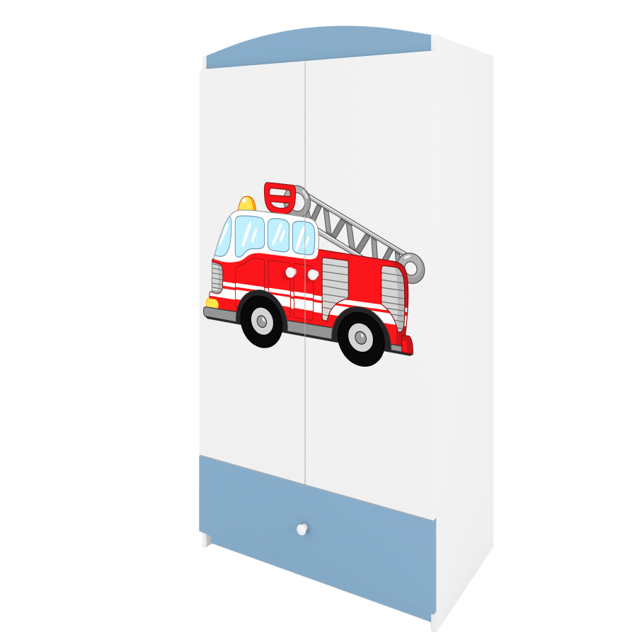 Babydreams garderobe for barn med brannbil, m. 2 drer, 1 skuff - hvit og bl laminat