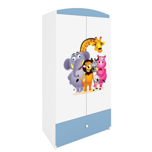 Babydreams garderobeskab til brn med Zoo dyr, m. 2 lger, 1 skuffe - hvid og bl laminat