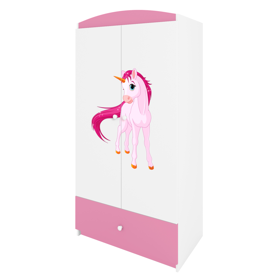 Babydreams garderobeskab til brn med enhjrning, m. 2 lger, 1 skuffe - hvid og lyserd laminat