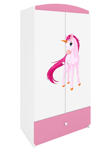 Babydreams garderobeskab til brn med enhjrning, m. 2 lger, 1 skuffe - hvid og lyserd laminat