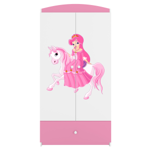 Babydreams garderobeskab til brn m. prinsesse p hest, m. 2 lger, 1 skuffe - hvid/lyserd laminat