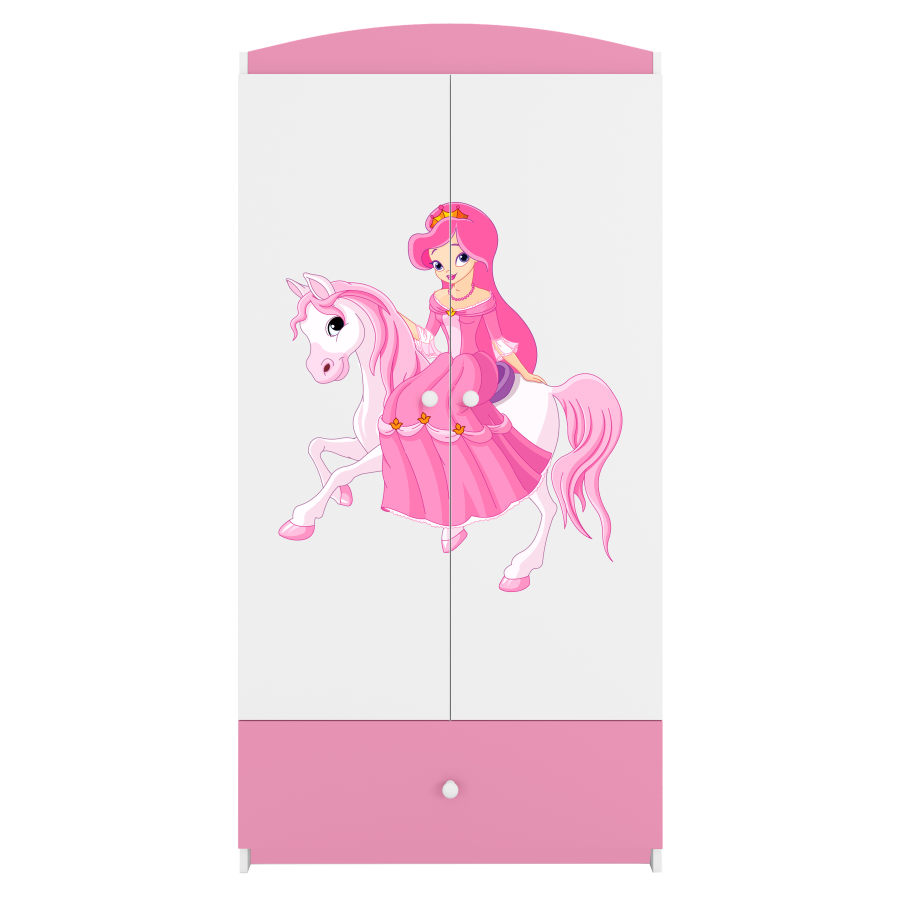Babydreams garderobe for barn med prinsesse p hest, m. 2 drer, 1 skuff - hvit/rosa laminat