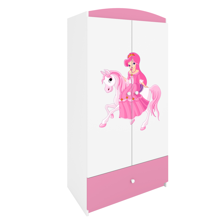 Babydreams garderobe for barn med prinsesse p hest, m. 2 drer, 1 skuff - hvit/rosa laminat