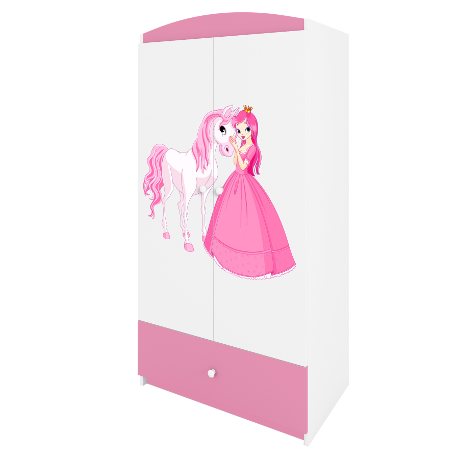 Babydreams garderobe for barn med prinsesse og hest, m. 2 drer, 1 skuff - hvit/rosa laminat