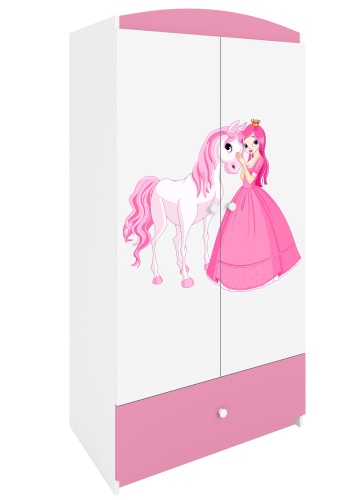 Babydreams garderobe for barn med prinsesse og hest, m. 2 drer, 1 skuff - hvit/rosa laminat