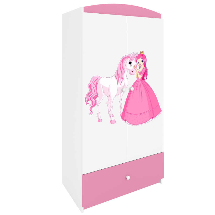 Babydreams garderobe for barn med prinsesse og hest, m. 2 drer, 1 skuff - hvit/rosa laminat
