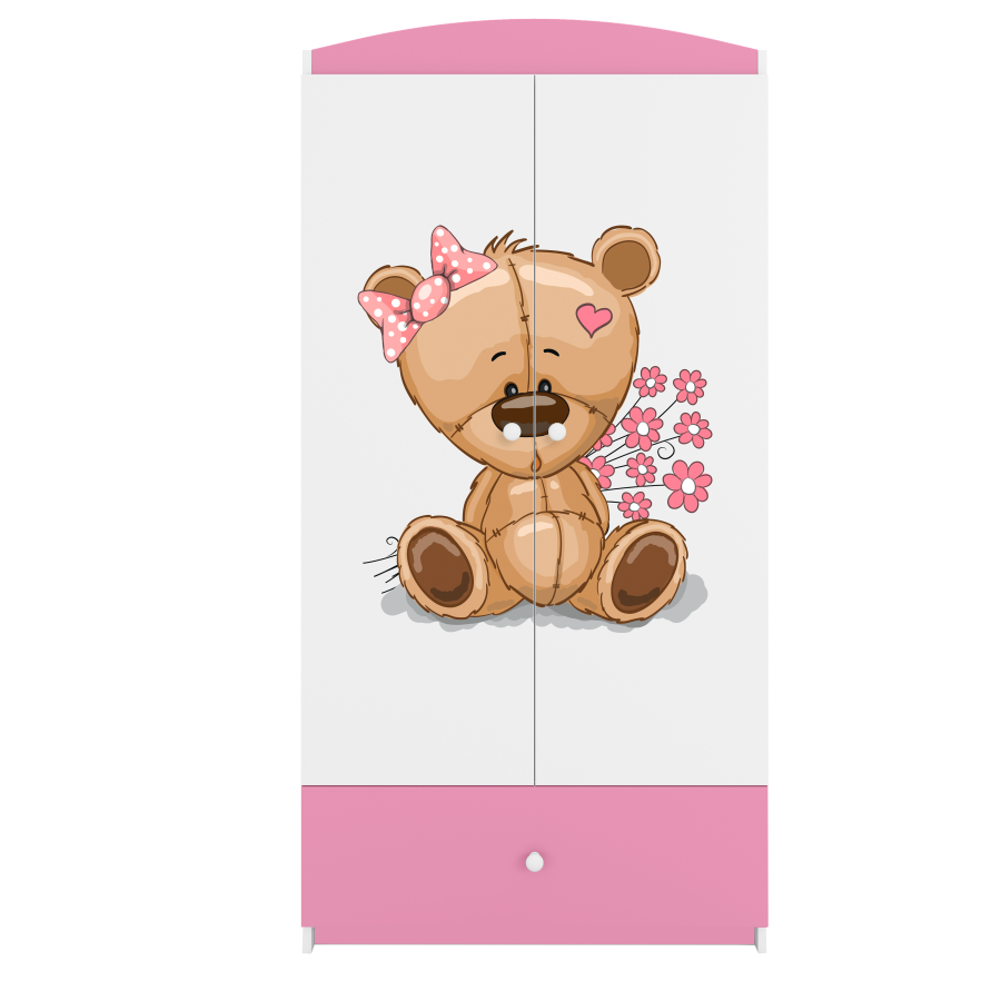 Babydreams garderobe for barn m. bamse m. blomster, m. 2 drer, 1 skuff - hvit/rosa laminat