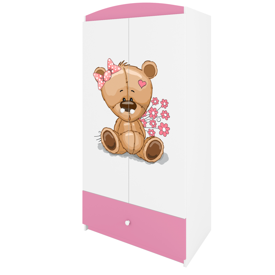 Babydreams garderobe for barn m. bamse m. blomster, m. 2 drer, 1 skuff - hvit/rosa laminat