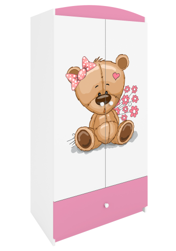Babydreams garderobe for barn m. bamse m. blomster, m. 2 drer, 1 skuff - hvit/rosa laminat
