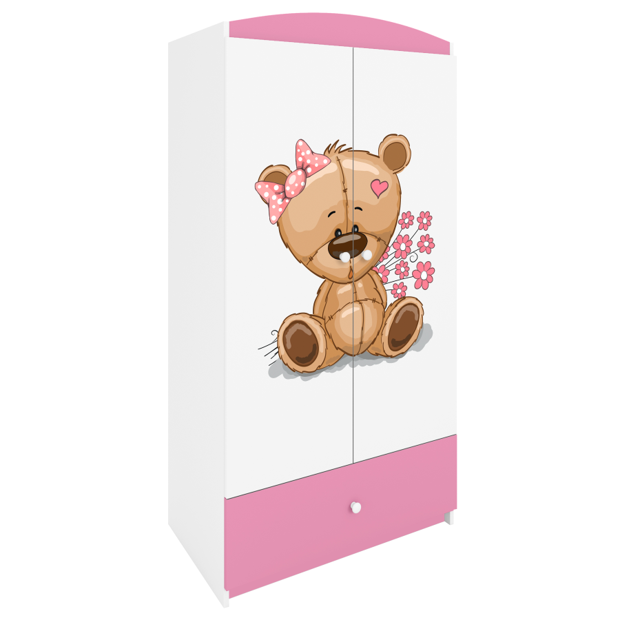 Babydreams garderobe for barn m. bamse m. blomster, m. 2 drer, 1 skuff - hvit/rosa laminat