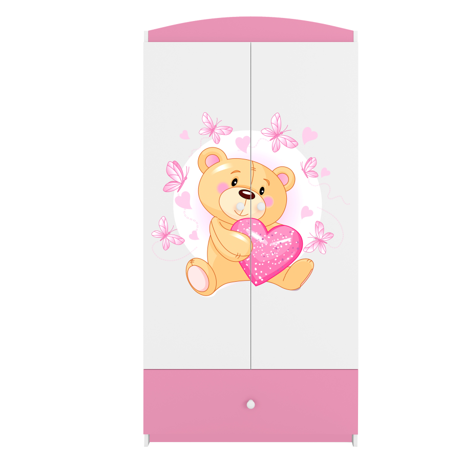 Babydreams garderobe for barn med bamse og sommerfugler, m. 2 drer, 1 skuff - hvit/rosa laminat