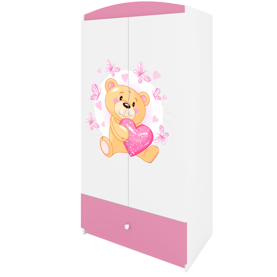 Babydreams garderobe for barn med bamse og sommerfugler, m. 2 drer, 1 skuff - hvit/rosa laminat