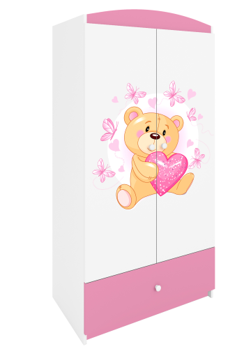 Babydreams garderobe for barn med bamse og sommerfugler, m. 2 drer, 1 skuff - hvit/rosa laminat