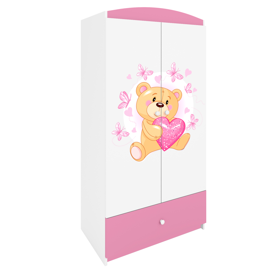 Babydreams garderobe for barn med bamse og sommerfugler, m. 2 drer, 1 skuff - hvit/rosa laminat