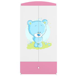 Babydreams garderobeskab til brn med bl bamse, m. 2 lger, 1 skuffe - hvid og lyserd laminat