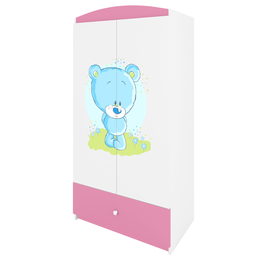 Babydreams garderobe for barn med bl bamse, m. 2 drer, 1 skuff - hvit og rosa laminat