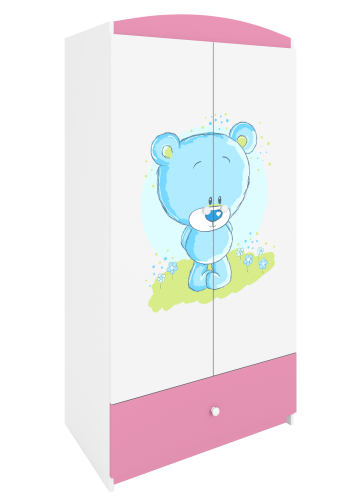 Babydreams garderobe for barn med bl bamse, m. 2 drer, 1 skuff - hvit og rosa laminat