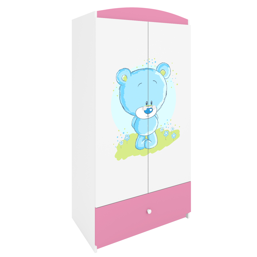 Babydreams garderobe for barn med bl bamse, m. 2 drer, 1 skuff - hvit og rosa laminat