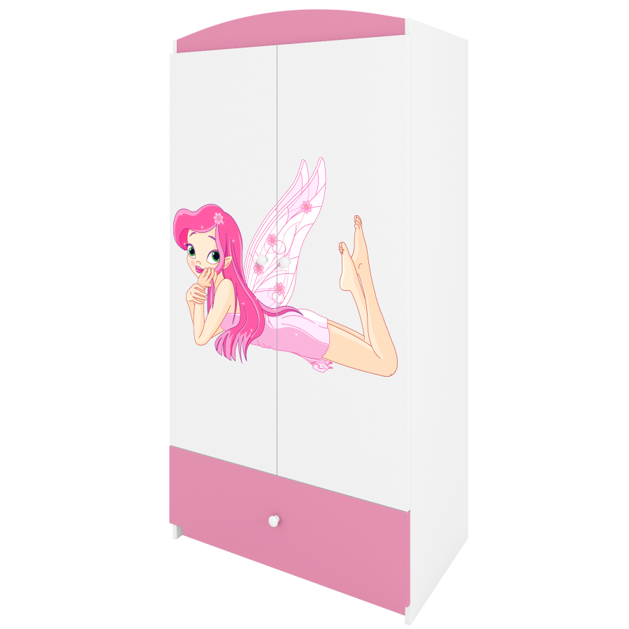 Babydreams garderobe for barn med fe med vinger, m. 2 drer, 1 skuff - hvit og rosa laminat