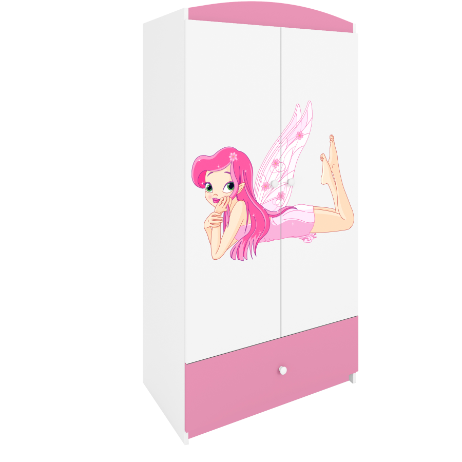 Babydreams garderobe for barn med fe med vinger, m. 2 drer, 1 skuff - hvit og rosa laminat