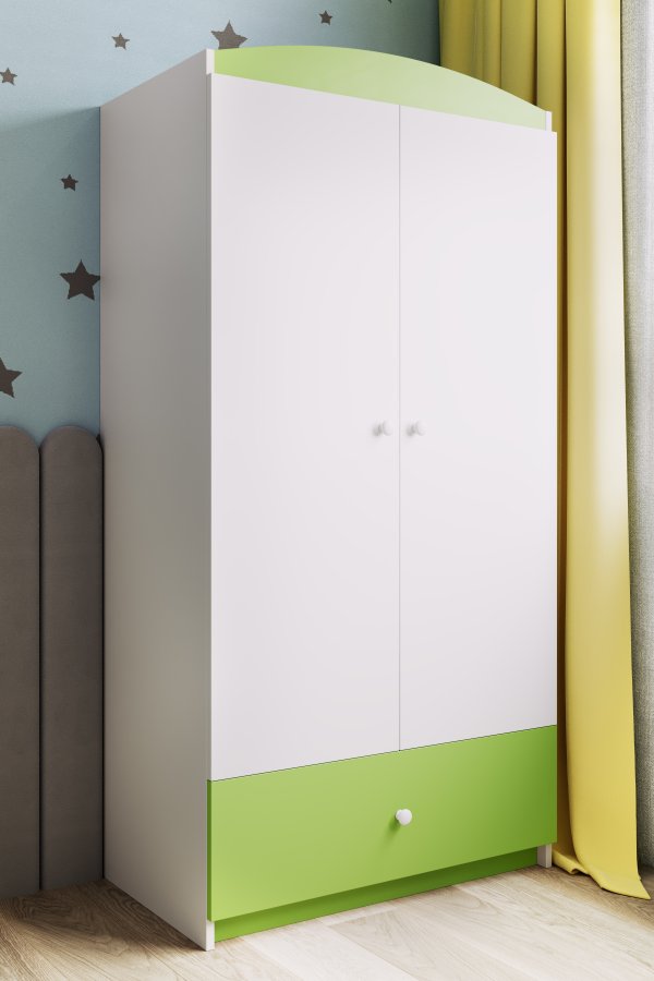 Babydreams Kleiderschrank, 2 Türen, 1 Schublade - weißes und grünes Laminat