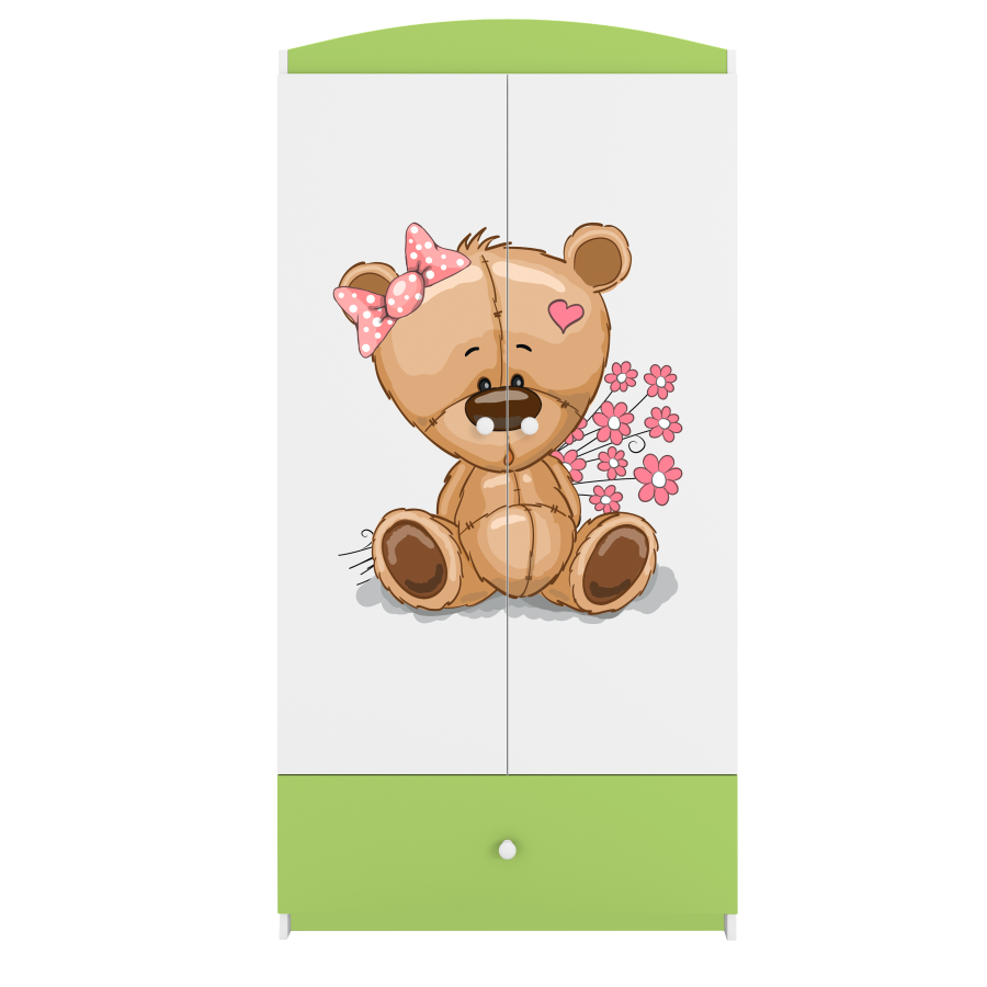 Babydreams garderobe for barn med bamse med blomster, m. 2 drer, 1 skuff - hvit/grnn laminat