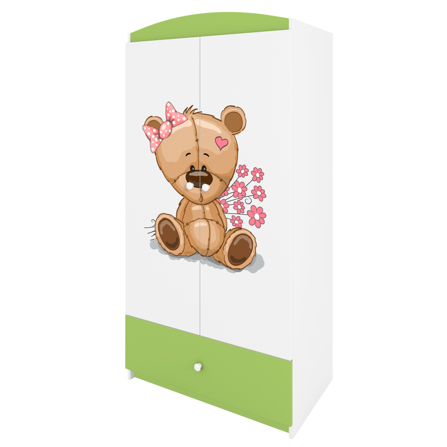 Babydreams garderobe for barn med bamse med blomster, m. 2 drer, 1 skuff - hvit/grnn laminat
