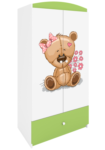 Babydreams garderobe for barn med bamse med blomster, m. 2 drer, 1 skuff - hvit/grnn laminat