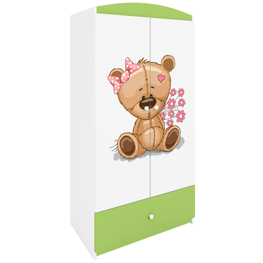 Babydreams garderobe for barn med bamse med blomster, m. 2 drer, 1 skuff - hvit/grnn laminat