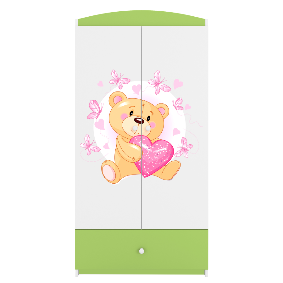 Babydreams garderobe for barn m. bamse m. sommerfugler, m. 2 drer, 1 skuff - hvit/grnn laminat